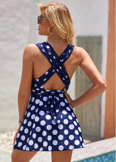 Navy swimwear,Dot swimwear,Wide Strap Polka Dot Criss Cross Back Swimdress and Panty