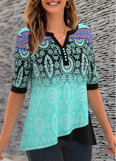 Cyan tops,Floral tops,ROTITA Split Neck Printed Button Detail T Shirt 