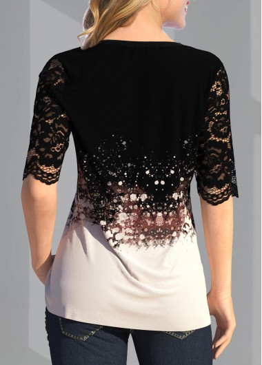 Black tops,Floral tops,ROTITA Lace Patchwork Button Detail Split Neck T Shirt
