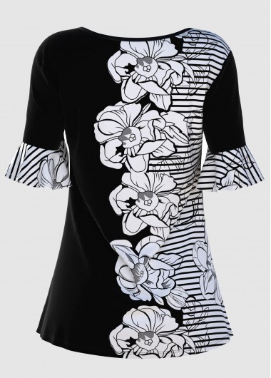 Multi Color tops,Floral tops,ROTITA Round Neck Stripe and Floral Print Short Sleeve T Shirt