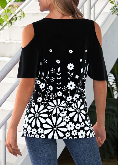 Black tops,Floral tops,ROTITA Cross Strap Floral Print Cold Shoulder T Shirt