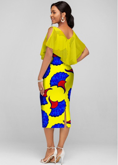 Yellow dresses,Floral dresses,ROTITA Printed Chiffon Cape V Neck Dress