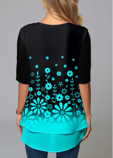 Cyan tops,Floral tops,ROTITA Faux Two Piece Ombre Floral Print Round Neck T Shirt