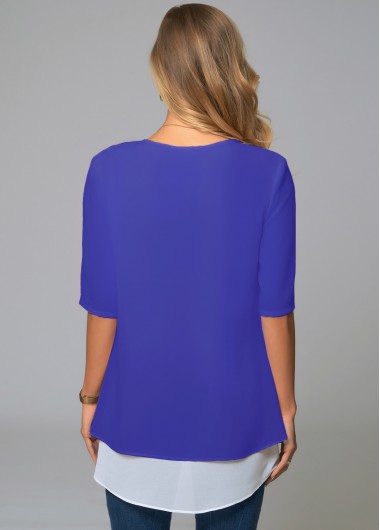 Royal Blue tops,Contrast Color tops,ROTITA Round Neck Faux Two Piece Decorative Button Blouse