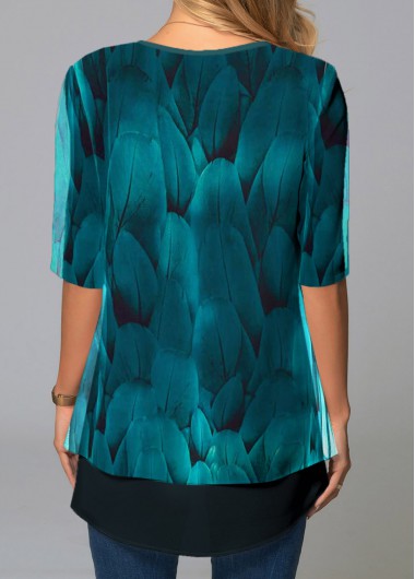 Cyan tops,Tribal tops,ROTITA Chiffon Feathers Print Round Neck Blouse