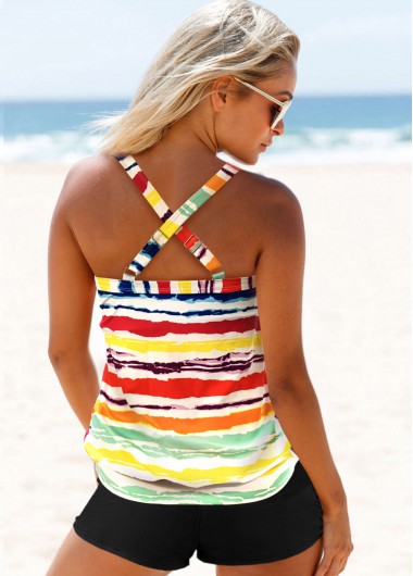 Multi Color swimwear,Rainbow Color swimwear,Floral swimwear,ROTITA Criss Cross Back Rainbow Color Wide Strap Tankini Set