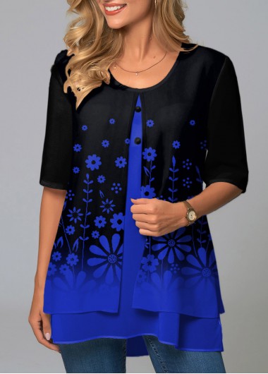 Blue tops,Plain Color tops,ROTITA Ombre Floral Print Faux Two Piece T Shirt