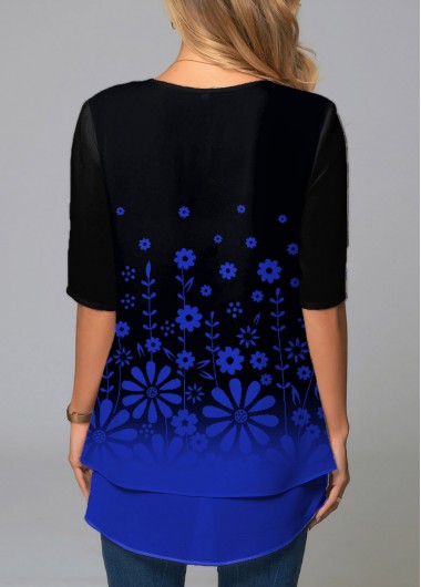 Blue tops,Plain Color tops,ROTITA Ombre Floral Print Faux Two Piece T Shirt