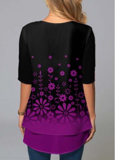 Purple tops,Floral tops,ROTITA Floral Print Ombre Faux Two Piece T Shirt