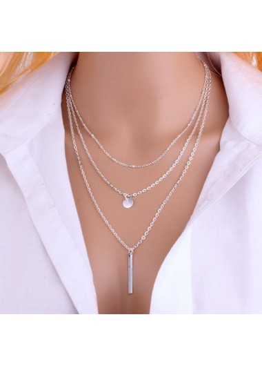 Silvery White jewelry,Layered Design Silver Metal Bar Pendant Necklace