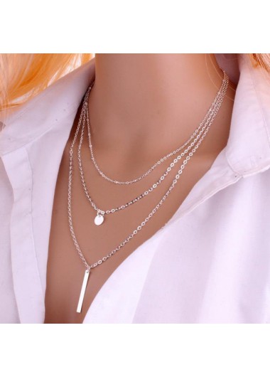 Silvery White jewelry,Layered Design Silver Metal Bar Pendant Necklace