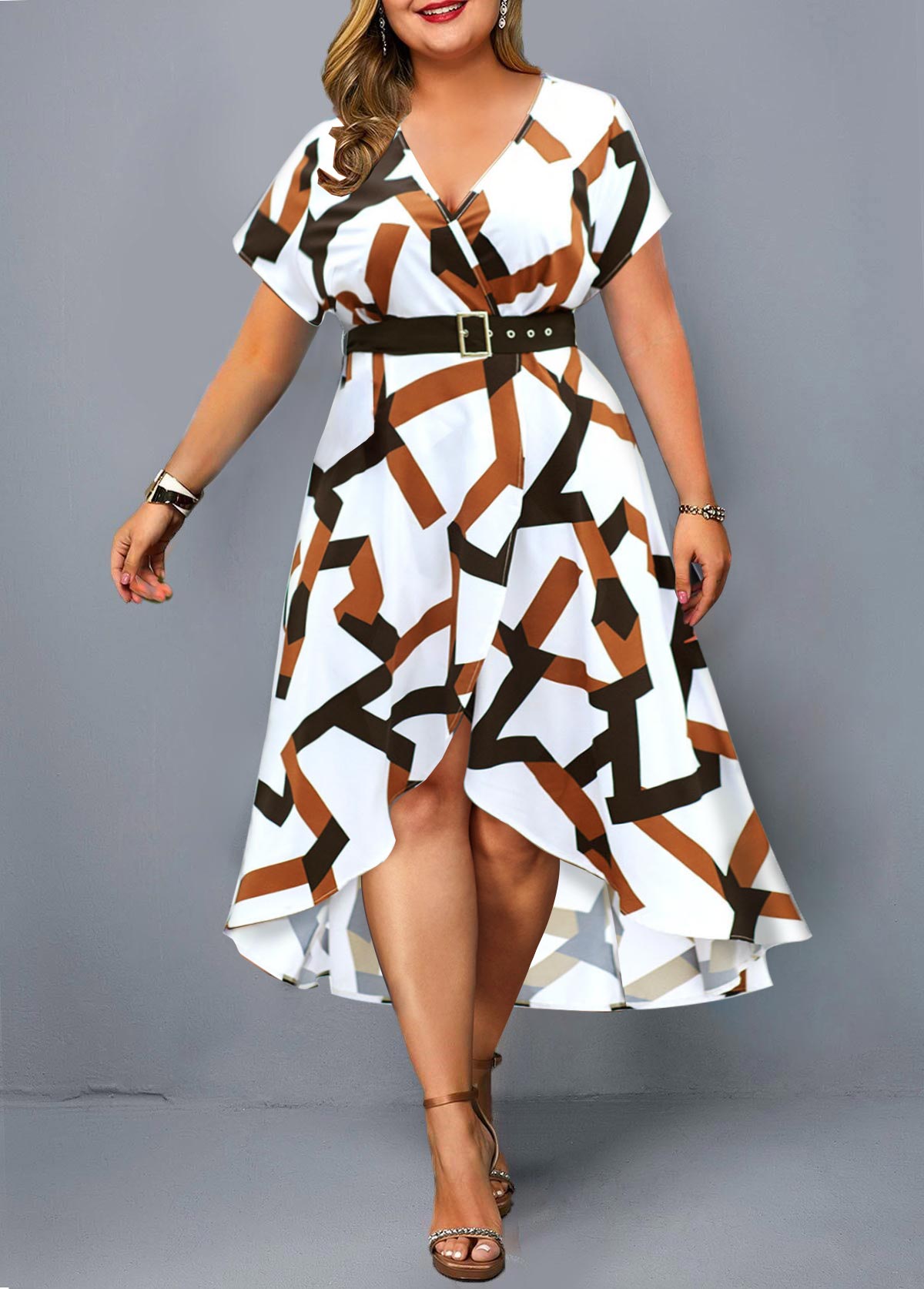 ROTITA Geometric Print Asymmetric Hem Plus Size Dress
