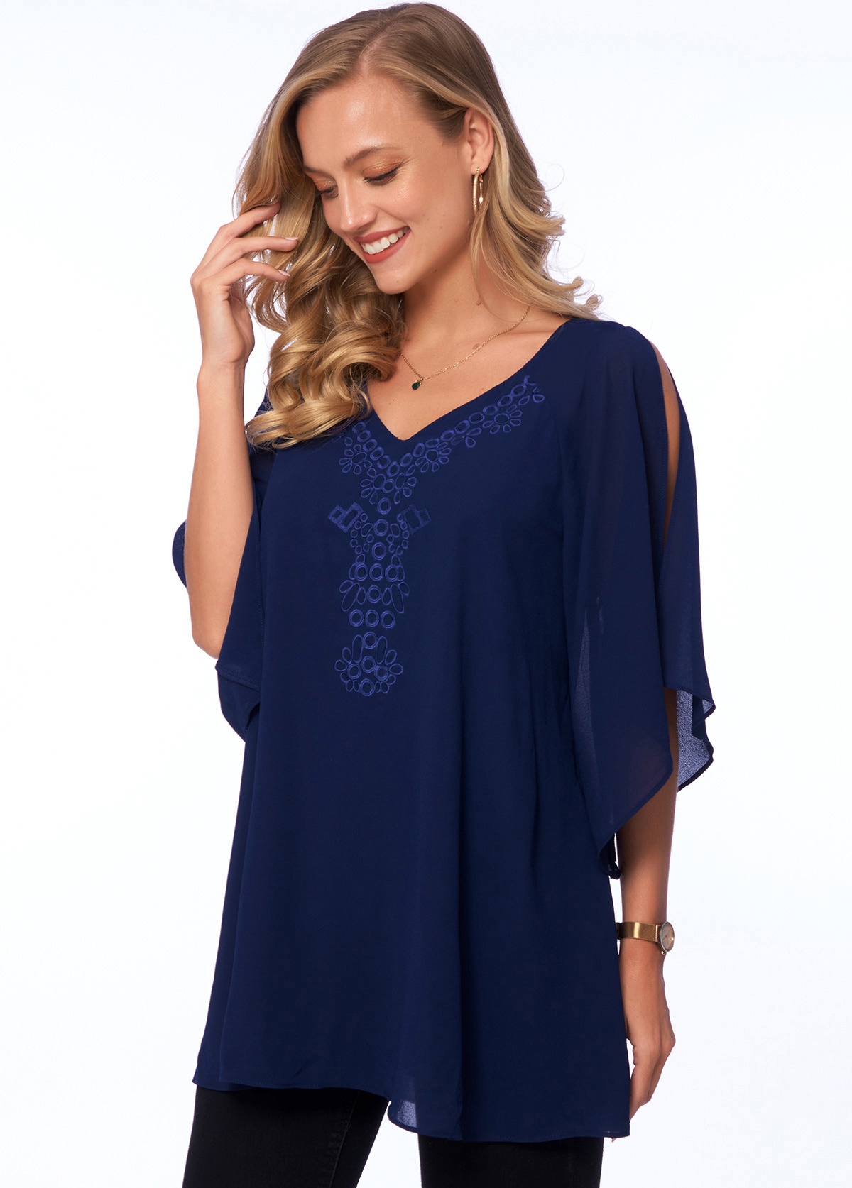 Navy tops,Plain Color tops,ROTITA Embellished Neck Solid Cold Shoulder T Shirt