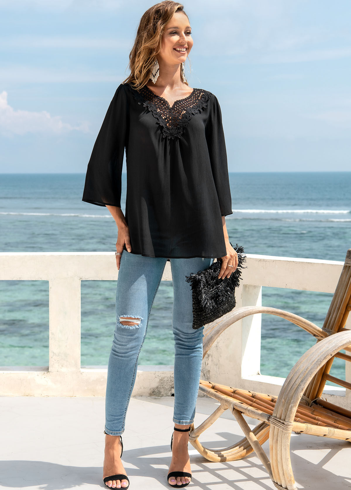 Black tops,Plain Color tops,ROTITA 3/4 Sleeve Lace Stitching Split Neck Blouse