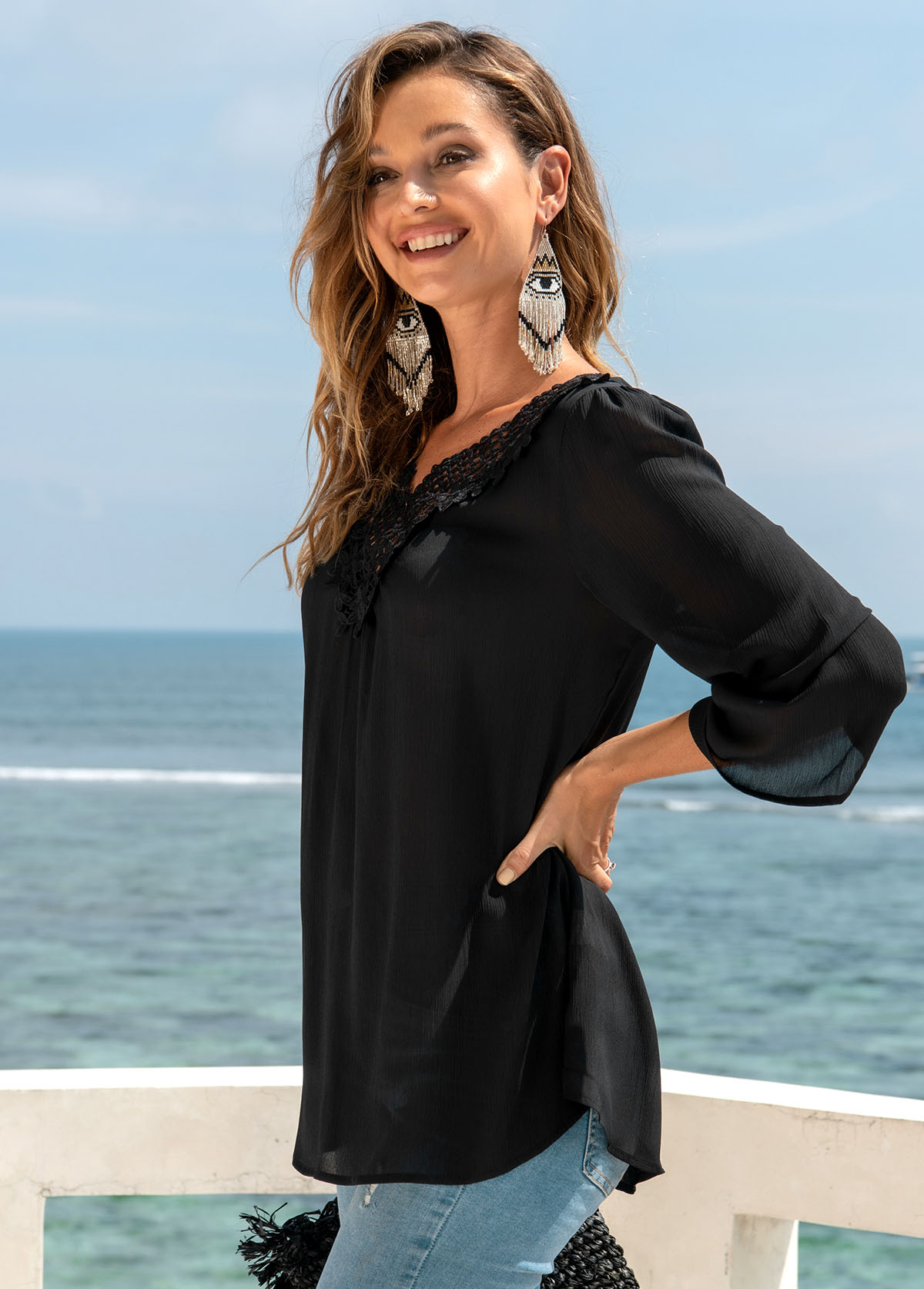 Black tops,Plain Color tops,ROTITA 3/4 Sleeve Lace Stitching Split Neck Blouse