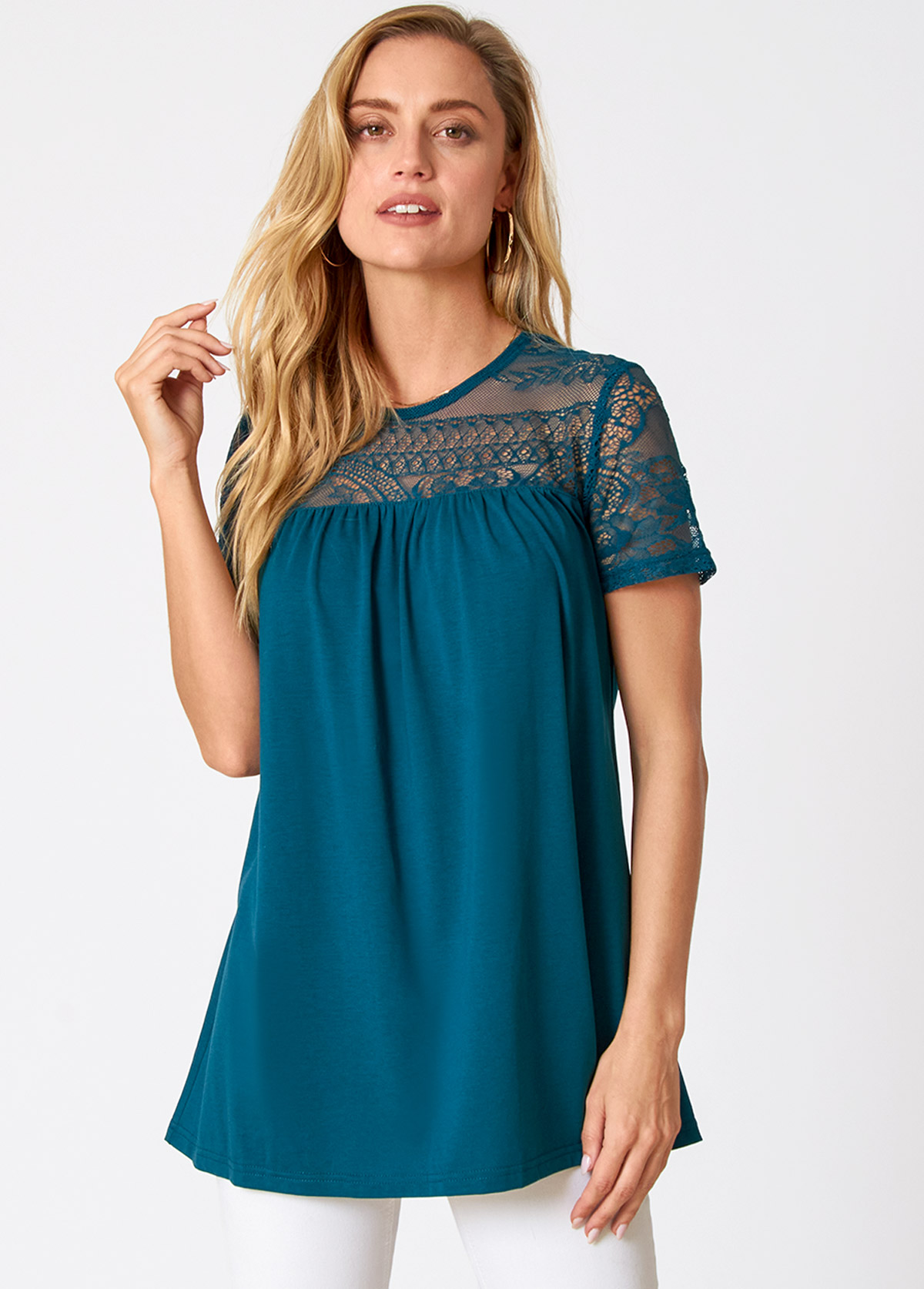 Green tops,Plain Color tops,ROTITA Lace Patchwork Solid Short Sleeve T Shirt