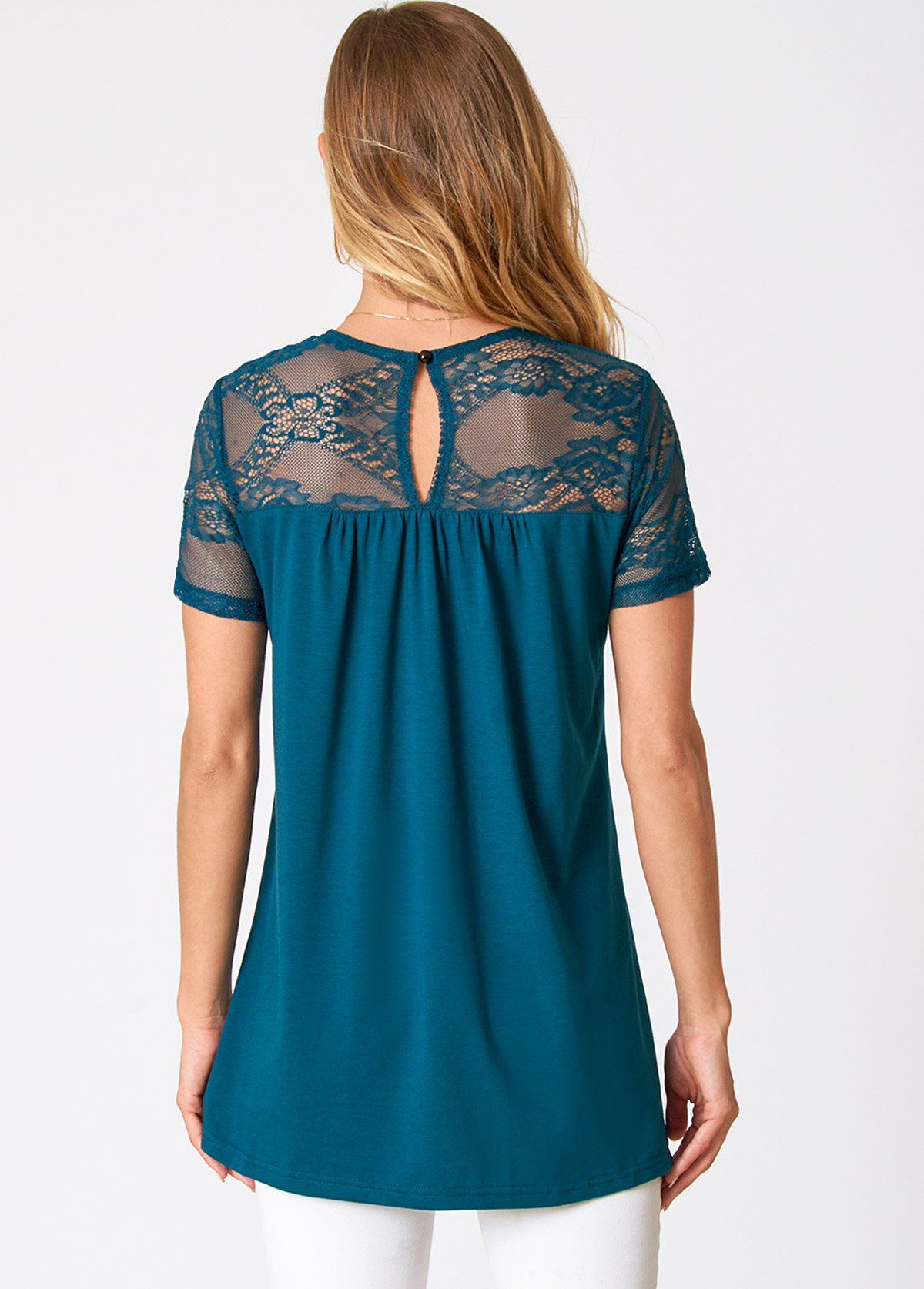 Green tops,Plain Color tops,ROTITA Lace Patchwork Solid Short Sleeve T Shirt