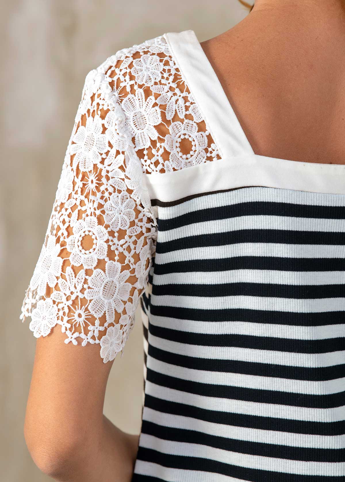 White tops,Striped tops,ROTITA Lace Patchwork V Neck Striped Short Sleeve T Shirt