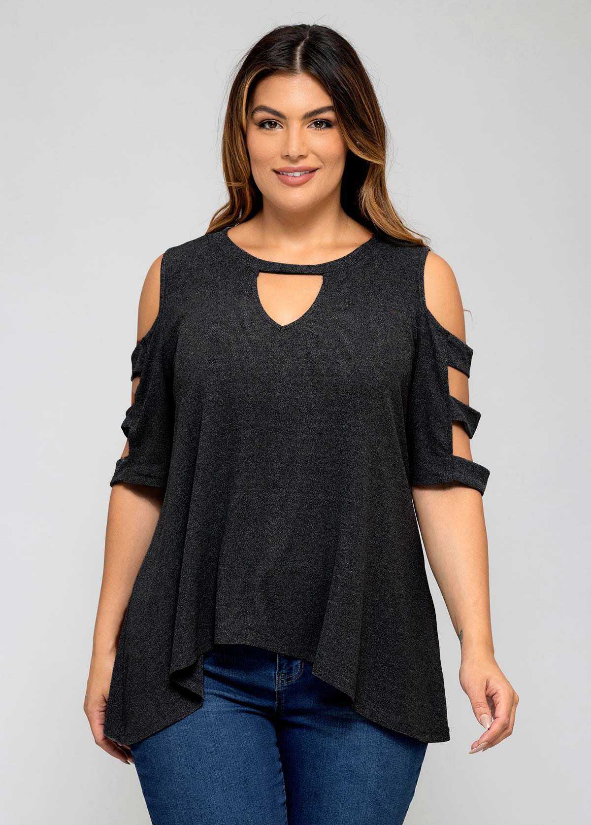 Light Grey Marl plus size,Plain Color plus size,ROTITA Plus Size Solid Ladder Cutout T Shirt