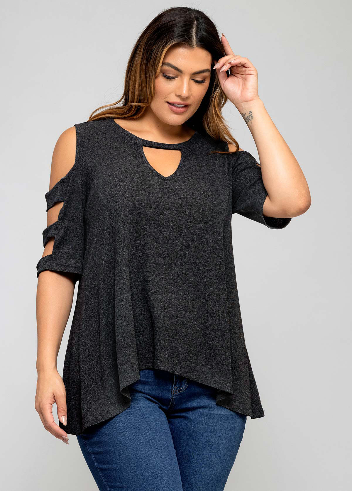 Light Grey Marl plus size,Plain Color plus size,ROTITA Plus Size Solid Ladder Cutout T Shirt