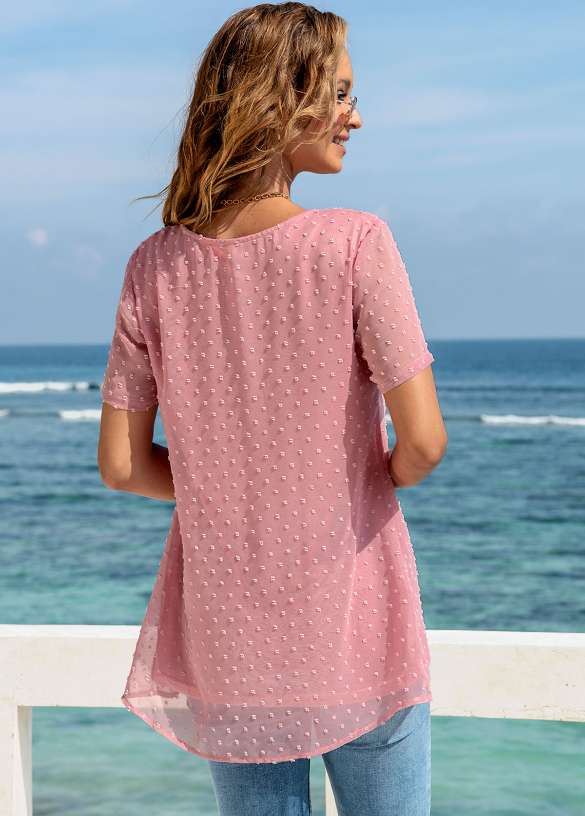 Pink tops,Plain Color tops,ROTITA Solid Square Collar Short Sleeve Blouse