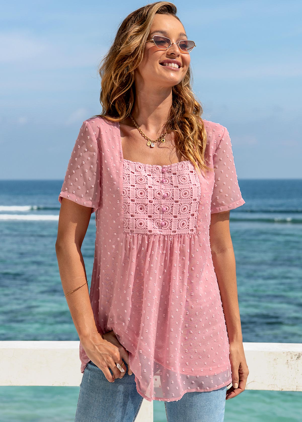 Pink tops,Plain Color tops,ROTITA Solid Square Collar Short Sleeve Blouse