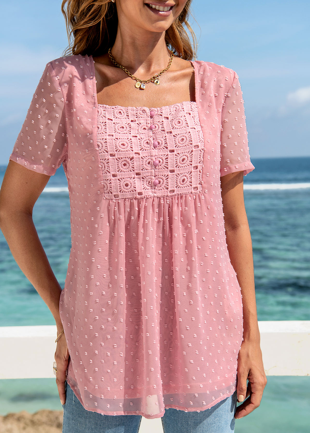 Pink tops,Plain Color tops,ROTITA Solid Square Collar Short Sleeve Blouse