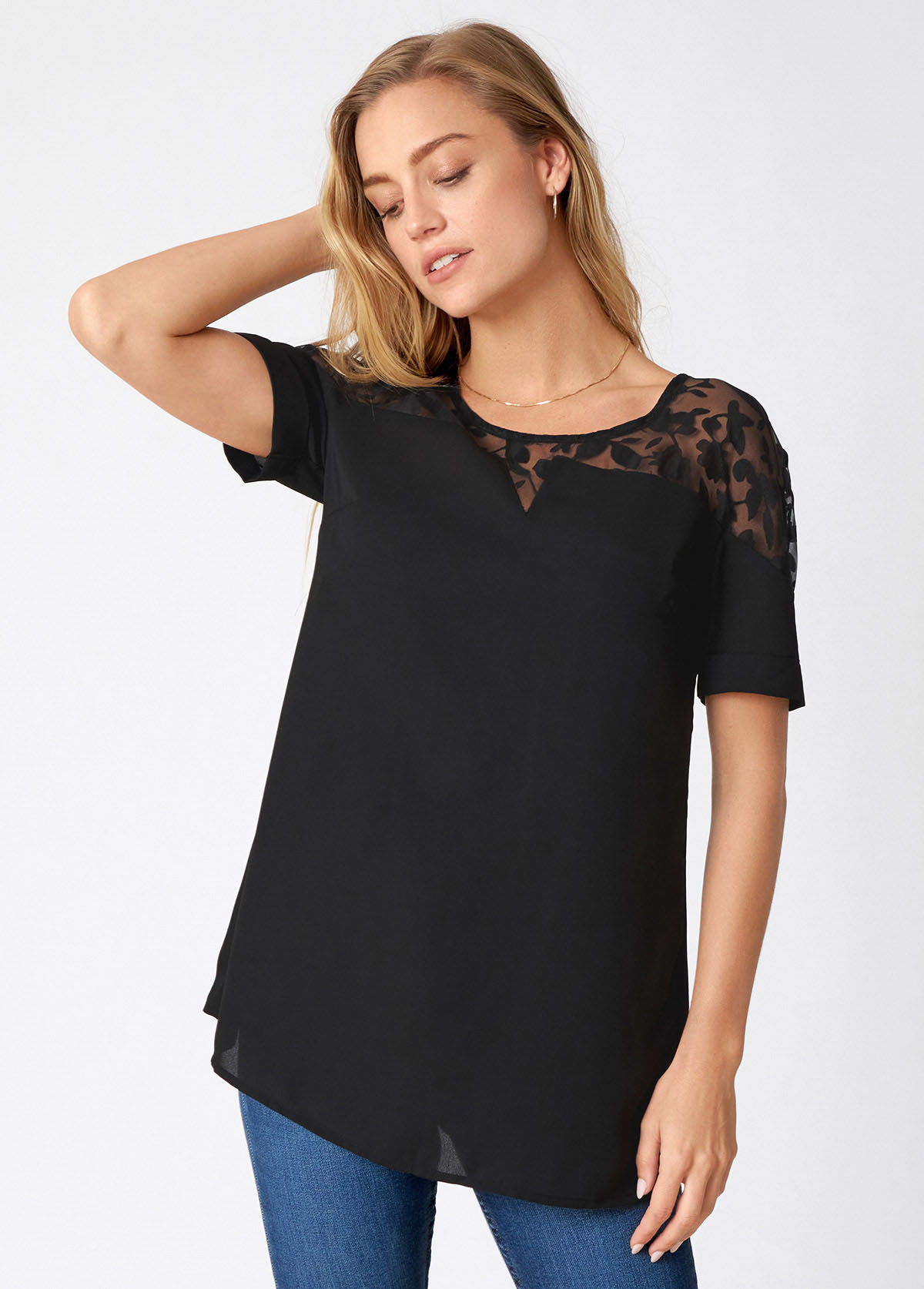 Black tops,Plain Color tops,ROTITA Lace Stitching Solid Short Sleeve T Shirt