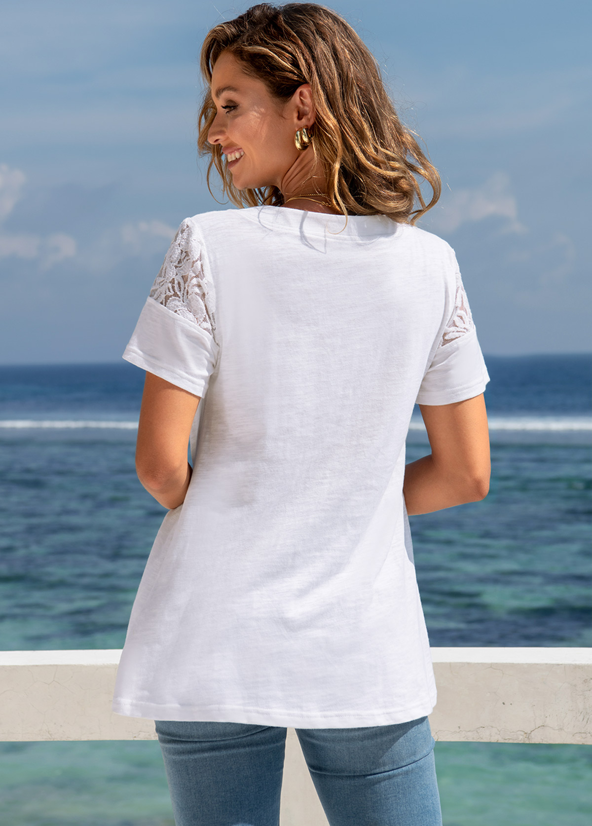 White tops,Plain Color tops,ROTITA Tie Front Lace Stitching Short Sleeve T Shirt