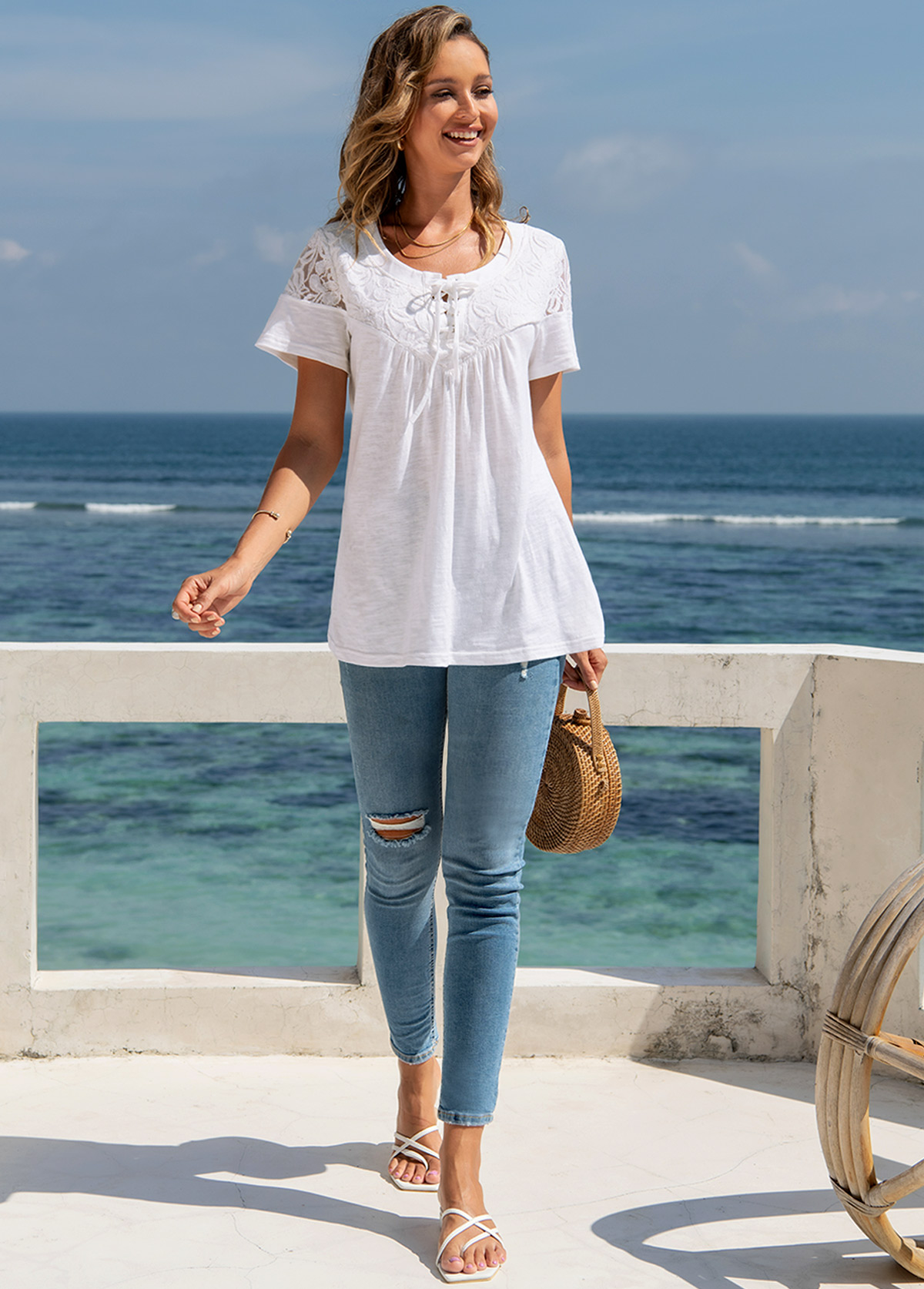 White tops,Plain Color tops,ROTITA Tie Front Lace Stitching Short Sleeve T Shirt