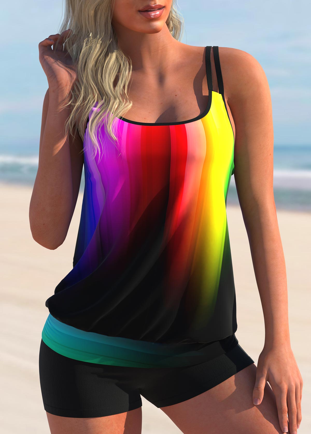 Multi Color swimwear,Dazzle Colorful swimwear,ROTITA Ombre Rainbow Color Double Straps Tankini Set 