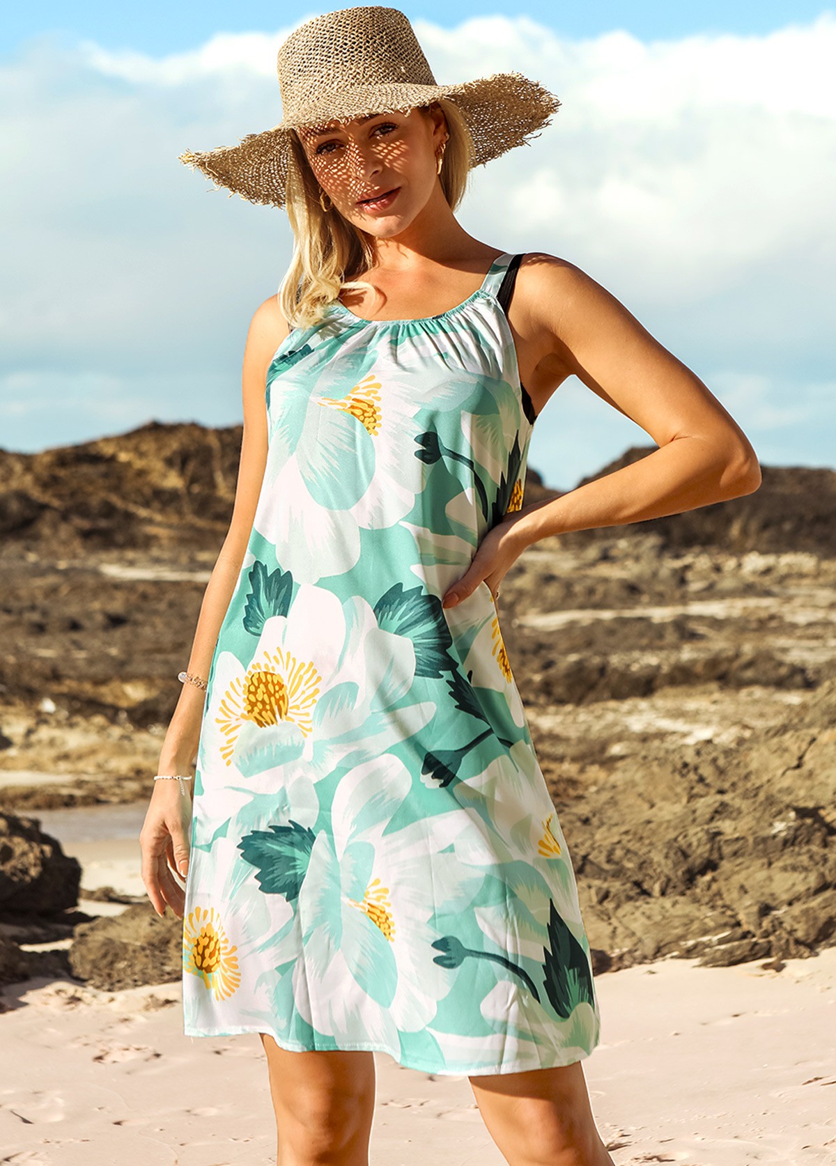 Floral Print Wide Strap Shirred Beach Dress | Rotita.com - USD $18.87