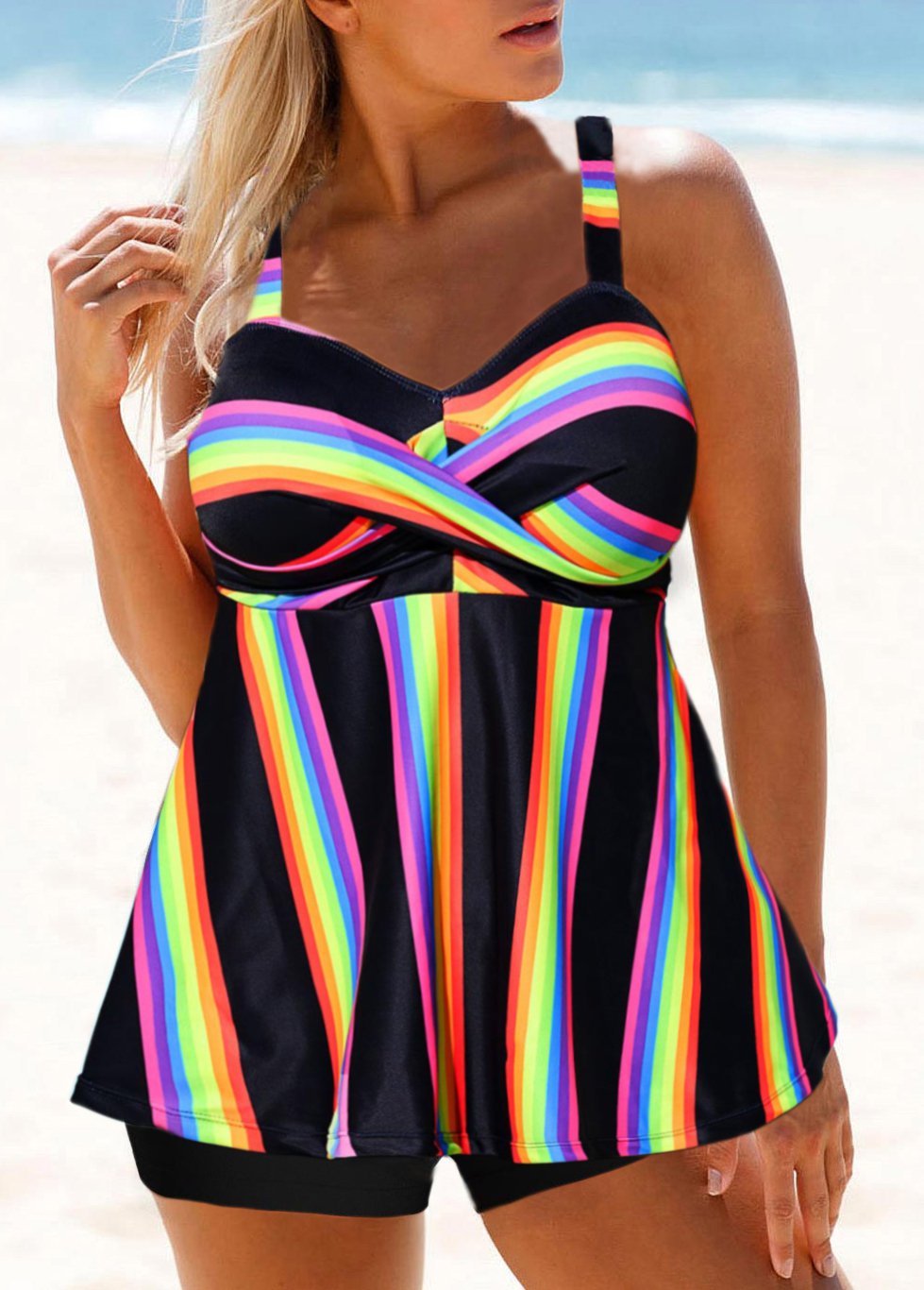 Multi Color swimwear,Striped swimwear,ROTITA Wide Strap Rainbow Stripe Cross Front Tankini Set