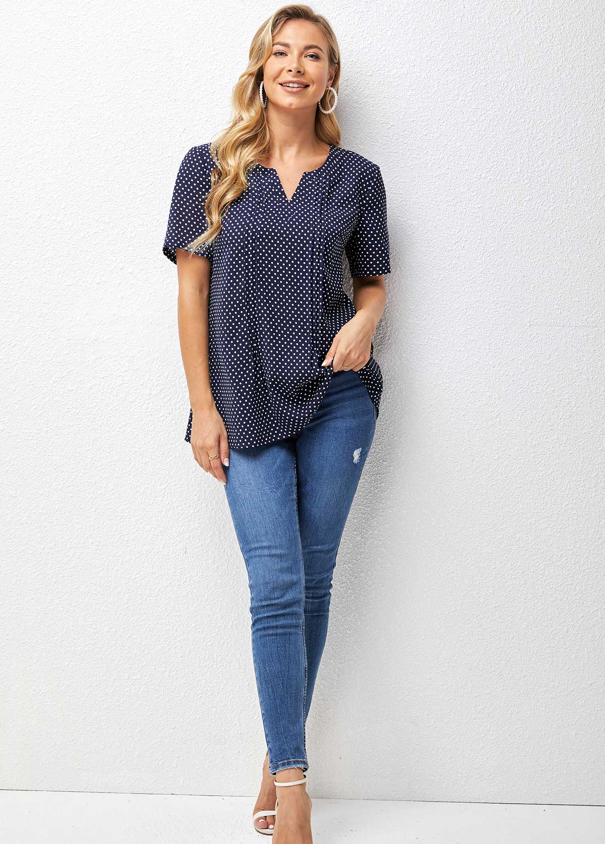 Navy tops,Dot tops,ROTITA Split Neck Short Sleeve Polka Dot Blouse