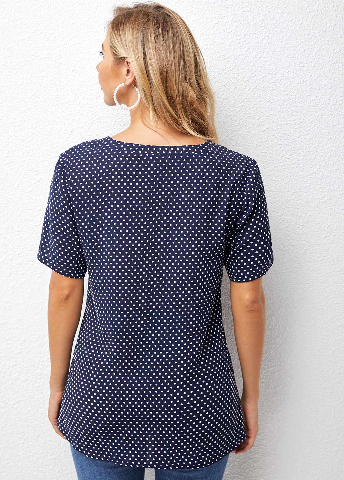 Navy tops,Dot tops,ROTITA Split Neck Short Sleeve Polka Dot Blouse
