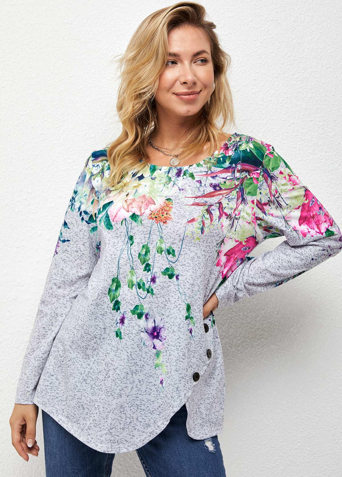 Multi Color tops,Floral tops,ROTITA Decorative Button Floral Print Long Sleeve T Shirt