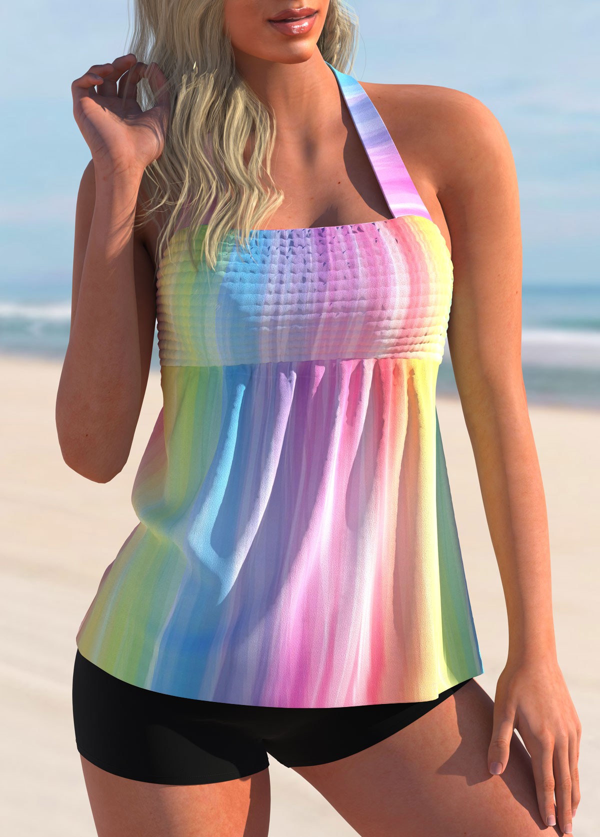 Multi Color swimwear,Floral swimwear,ROTITA Smocked Halter Rainbow Color Tankini Set