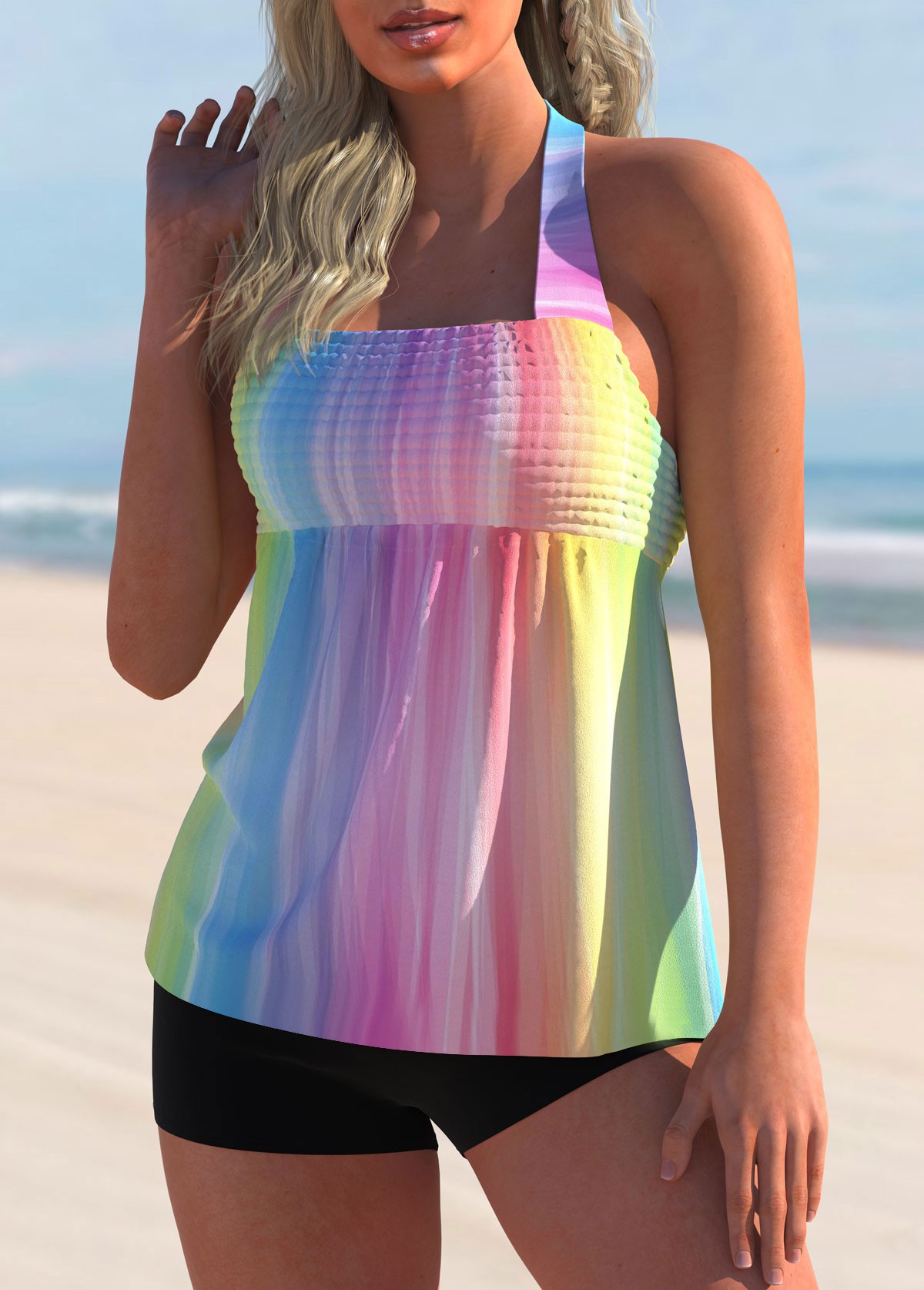 Multi Color swimwear,Floral swimwear,ROTITA Smocked Halter Rainbow Color Tankini Set