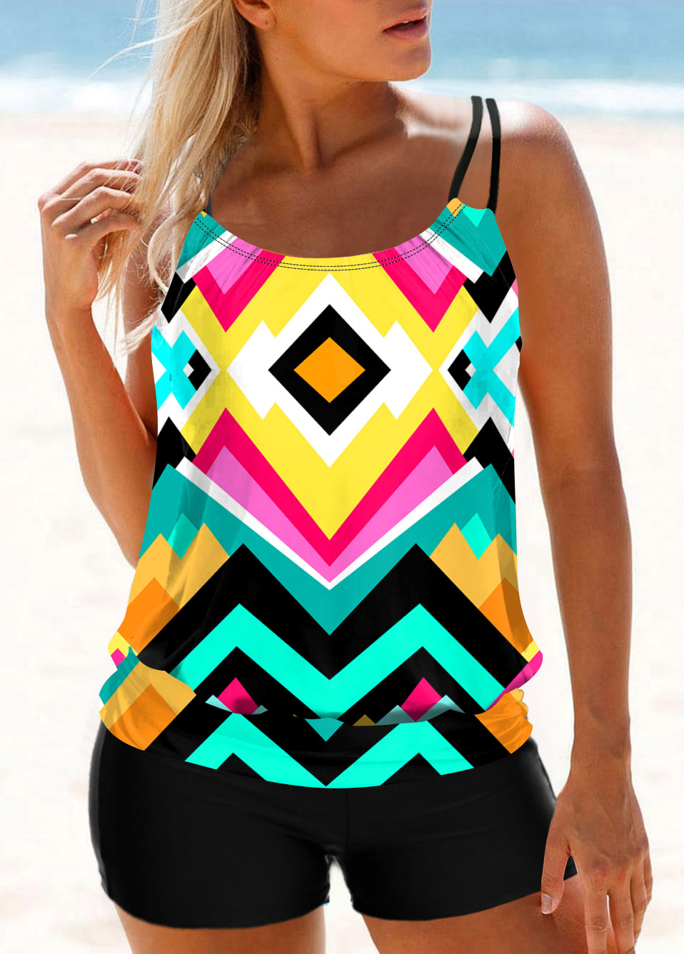 ROTITA Multi Color Geometric Print Wide Strap Tankini Set