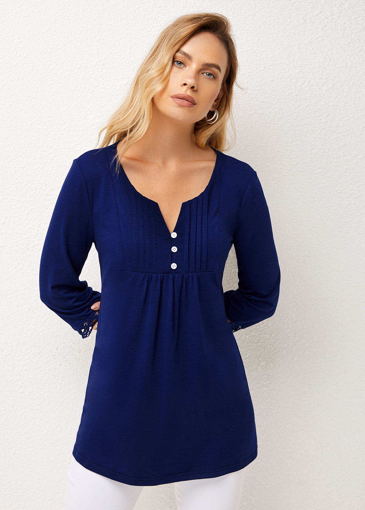 Navy tops,Plain Color tops,ROTITA Lace Patchwork Navy Crinkle Chest Split Neck Blouse