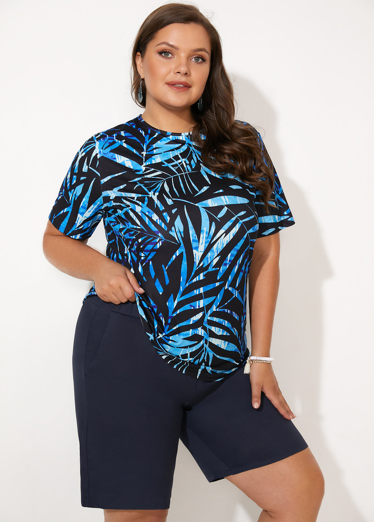 Plants plus size,Leaf Print Plus Size Short Sleeve Tankini Set