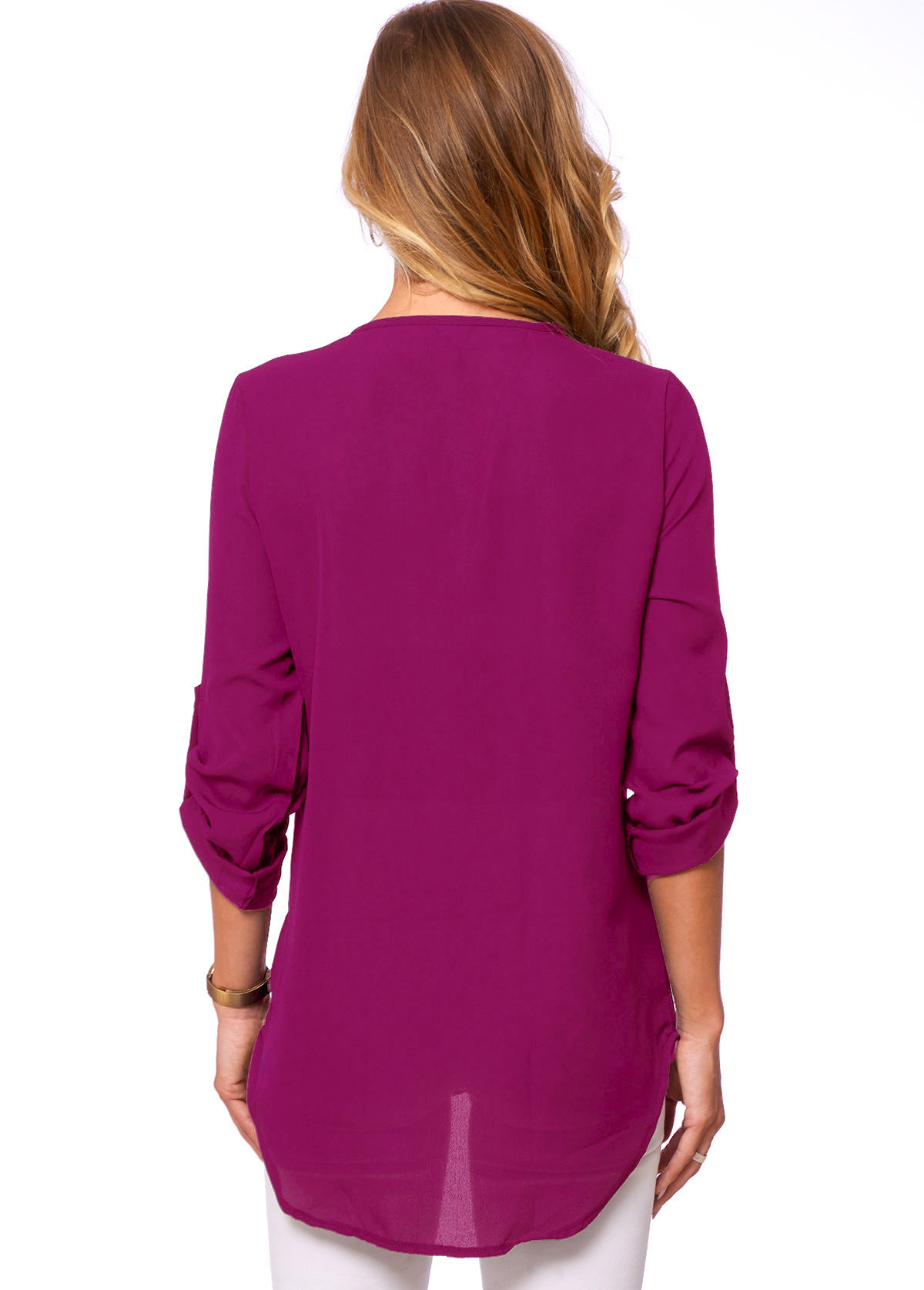 Purple tops,Plain Color tops,ROTITA Button Detail Quarter Zip Solid T Shirt