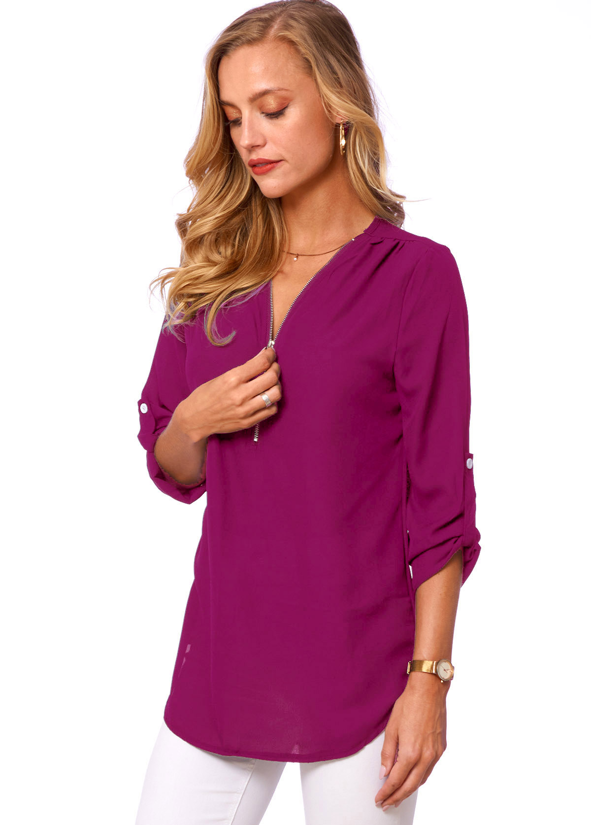 Purple tops,Plain Color tops,ROTITA Button Detail Quarter Zip Solid T Shirt