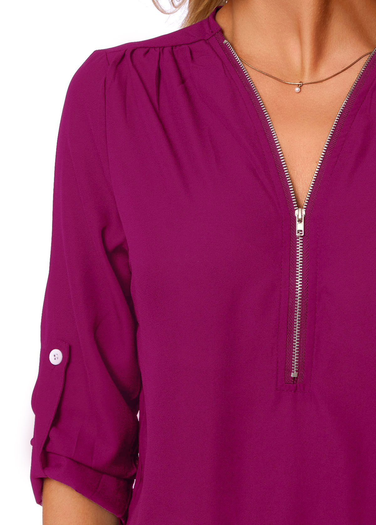 Purple tops,Plain Color tops,ROTITA Button Detail Quarter Zip Solid T Shirt