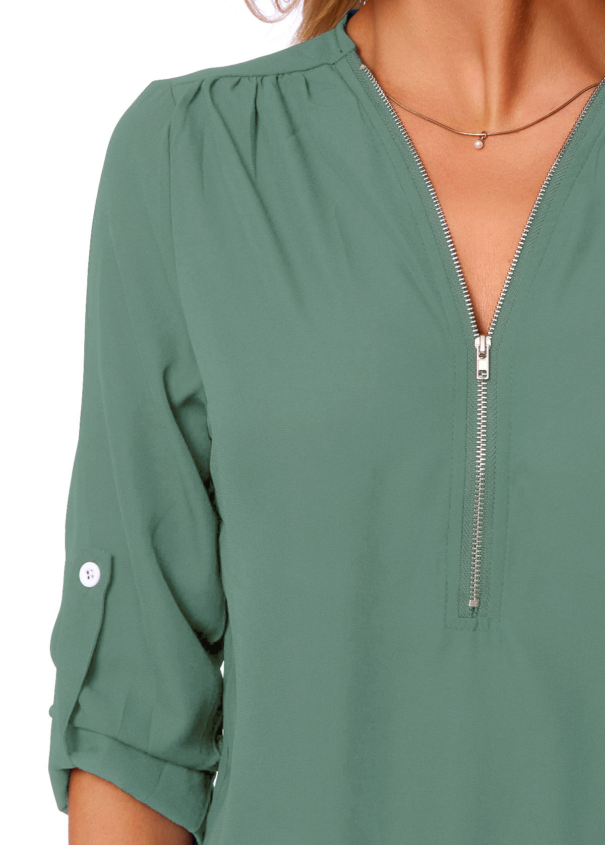 Turquoise tops,Plain Color tops,ROTITA Quarter Zip Button Detail Solid T Shirt