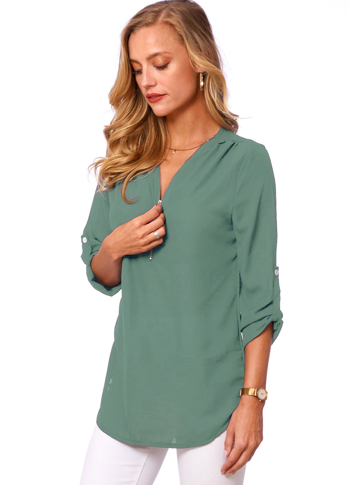 Turquoise tops,Plain Color tops,ROTITA Quarter Zip Button Detail Solid T Shirt