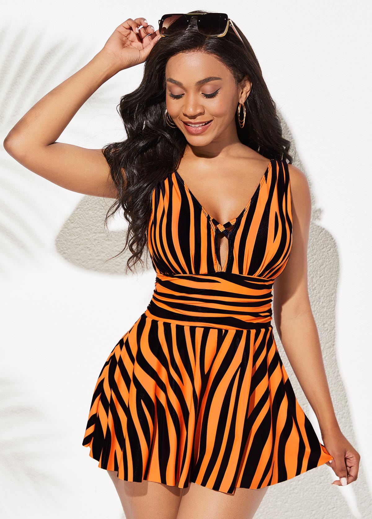 ROTITA Zebra Print Wide Strap One Piece Swimwear