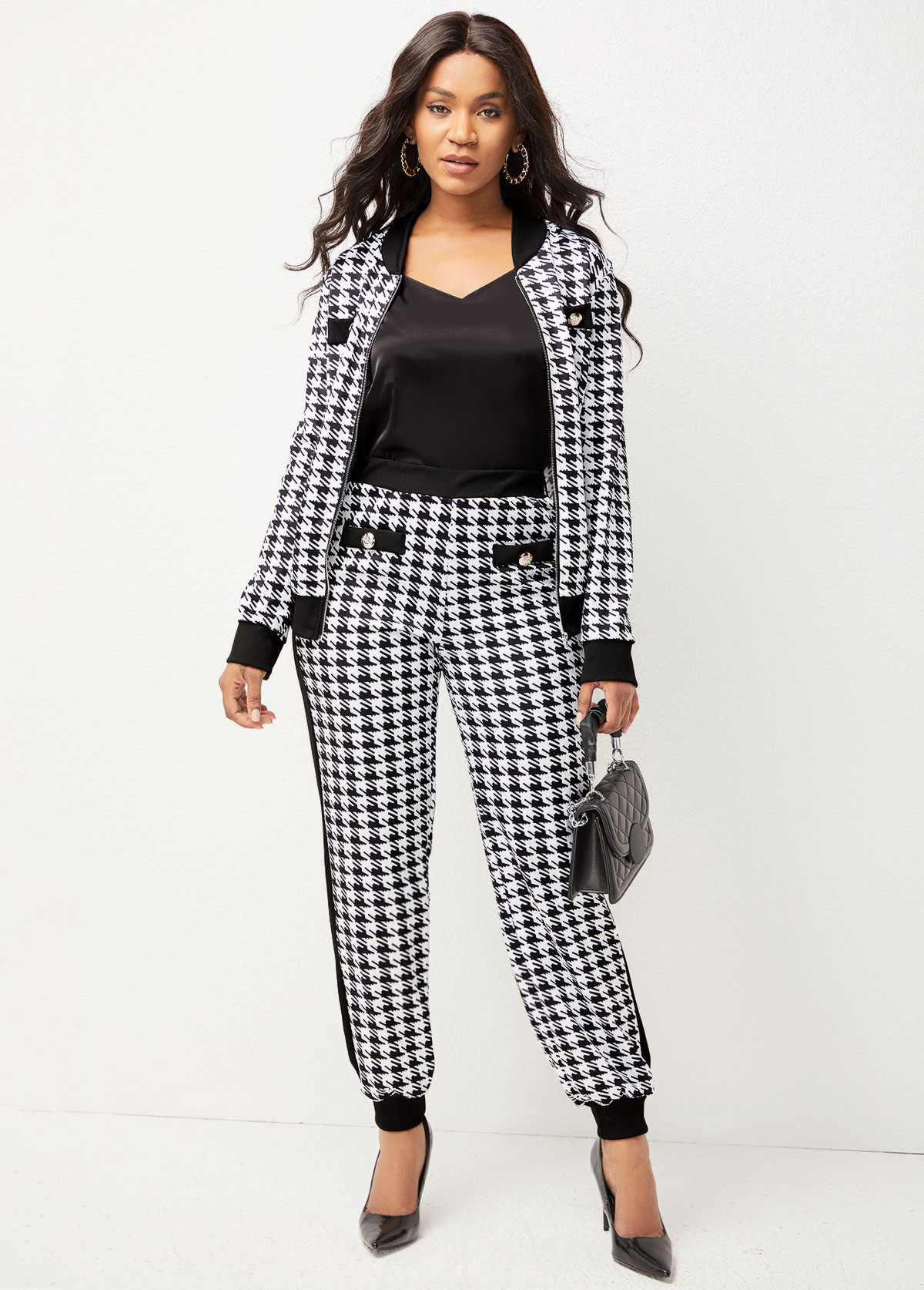 Houndstooth Print Long Sleeve Black Sweatsuit Set