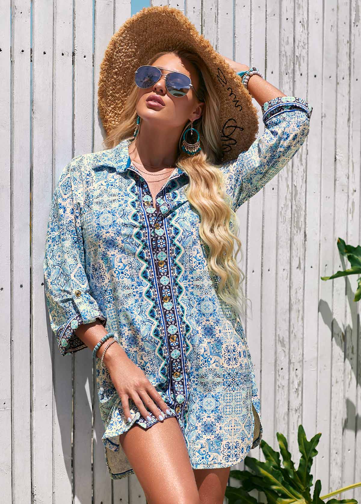 Turndown Collar Printed 3/4 Sleeve Cover Up