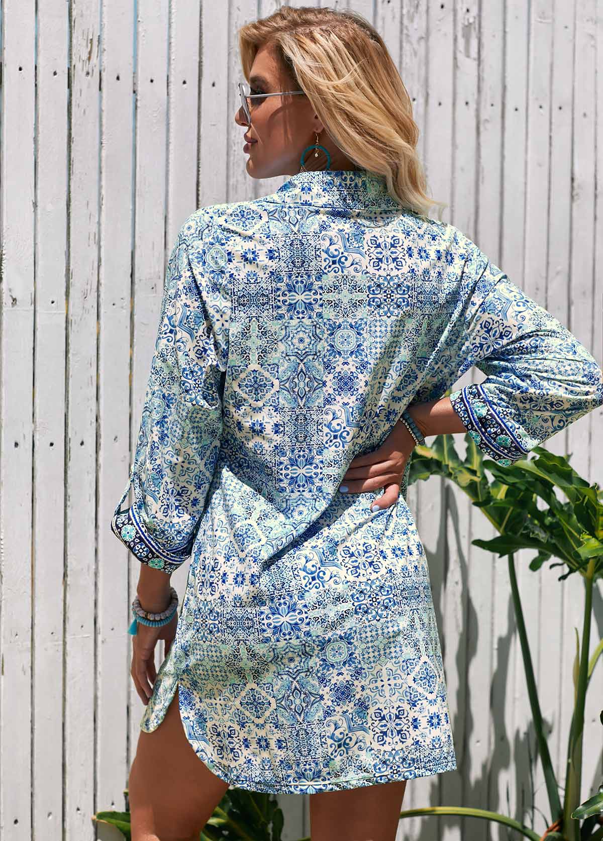 Blue swimwear,Tribal swimwear,Turndown Collar Printed 3/4 Sleeve Cover Up